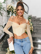 Tie Shoulder Corset Mesh Crop Top