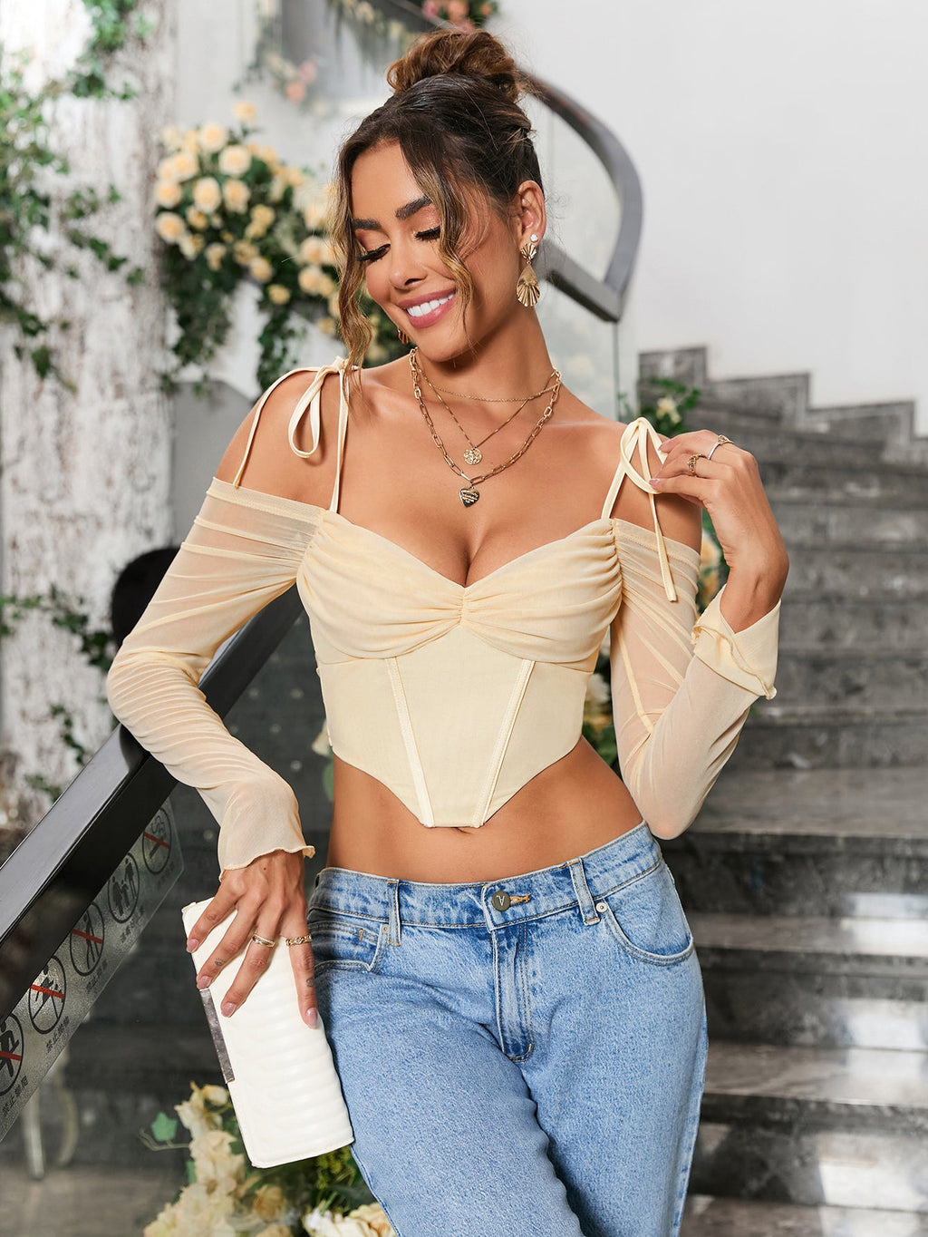 Tie Shoulder Corset Mesh Crop Top