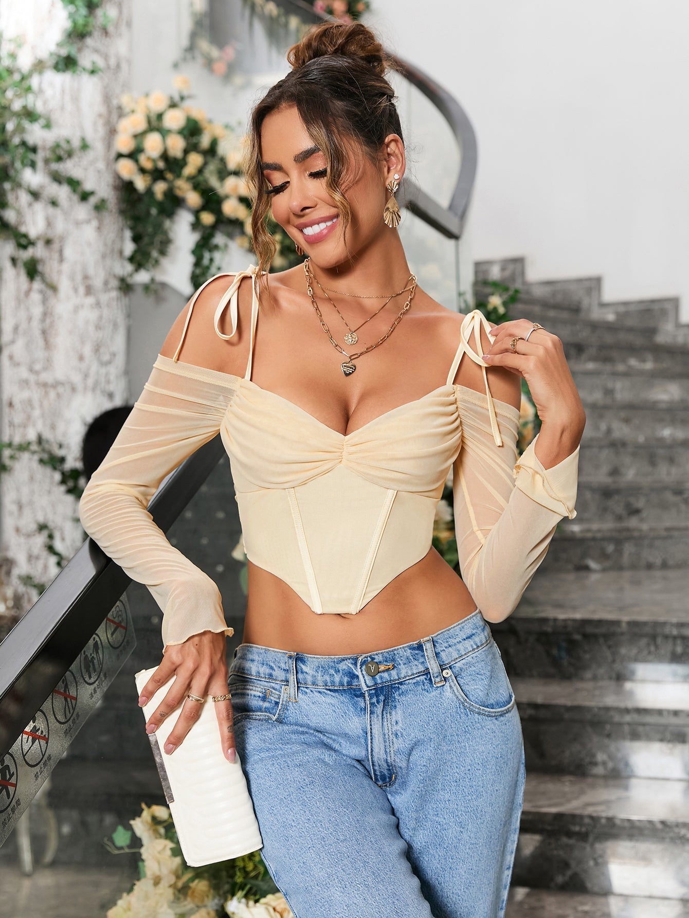 Tie Shoulder Corset Mesh Crop Top