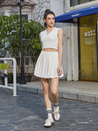 V-Neck Backless Cut Out Top&Pleated Hem Skirt