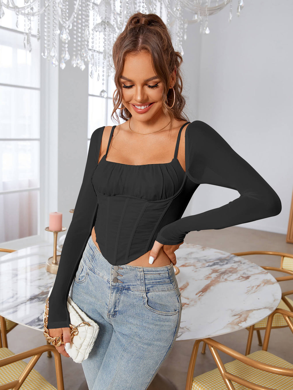 Boning Ruched Mesh Long Slevee Corset Top