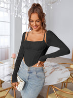 Boning Ruched Mesh Long Slevee Corset Top