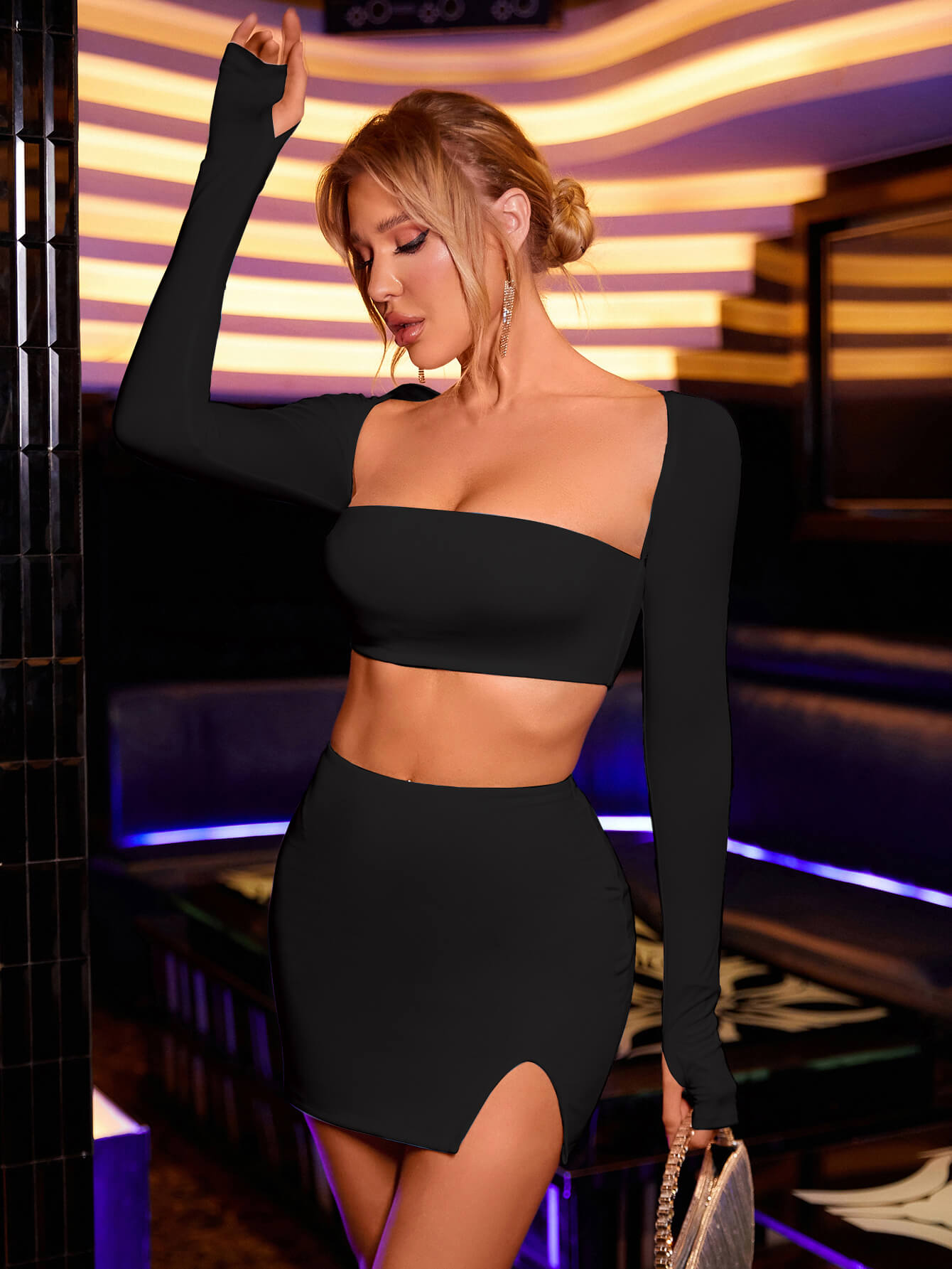 Square Neck Crop Top & Slit Hem Bodycon Skirt