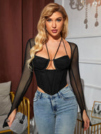 Tie Back Split Cuff Ruched Mesh Top