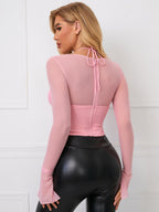 Tie Back Split Cuff Ruched Mesh Top